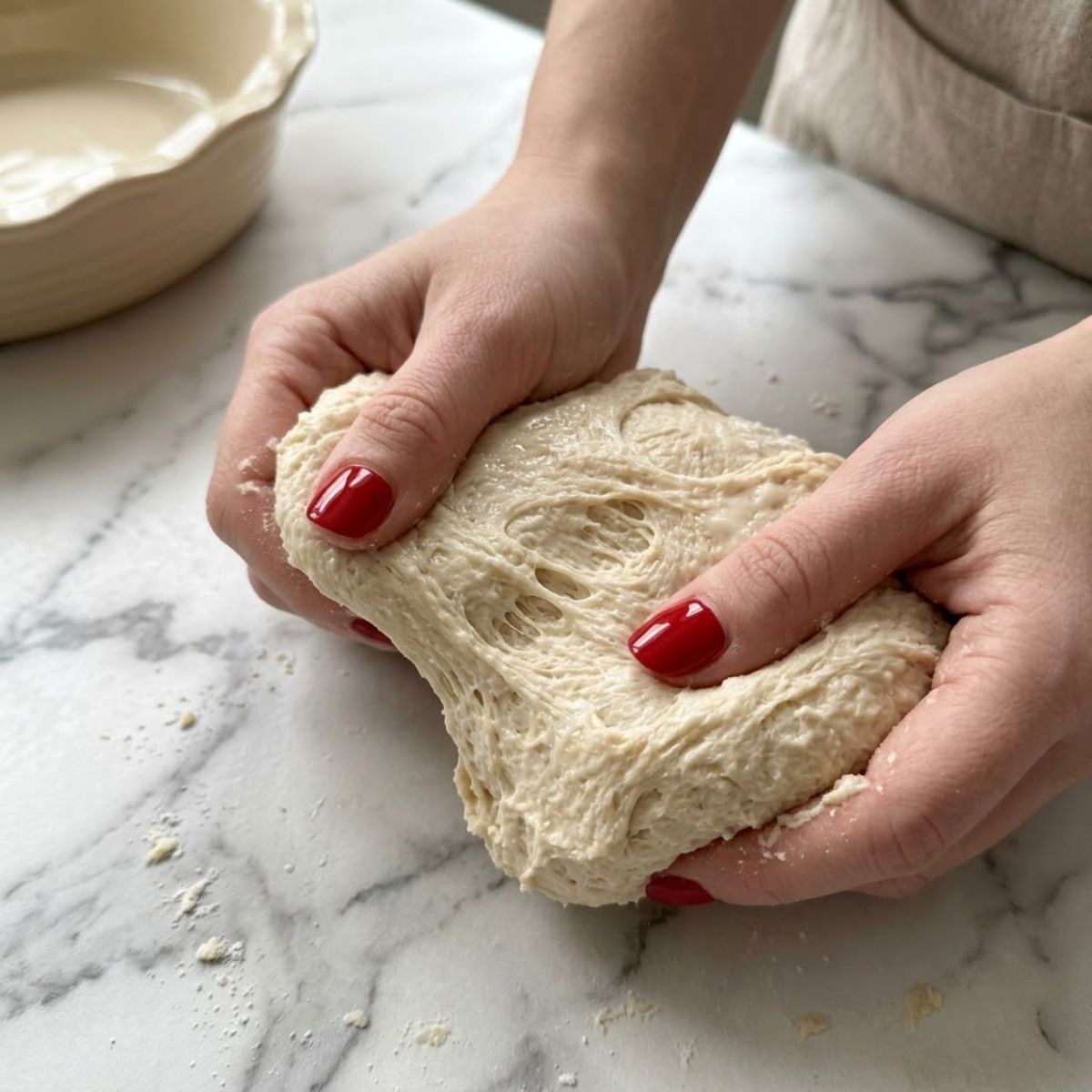 A high-angle close-up of a woman with Fog Blue nails kneading rough yeast dough on a marble kitchen counter.