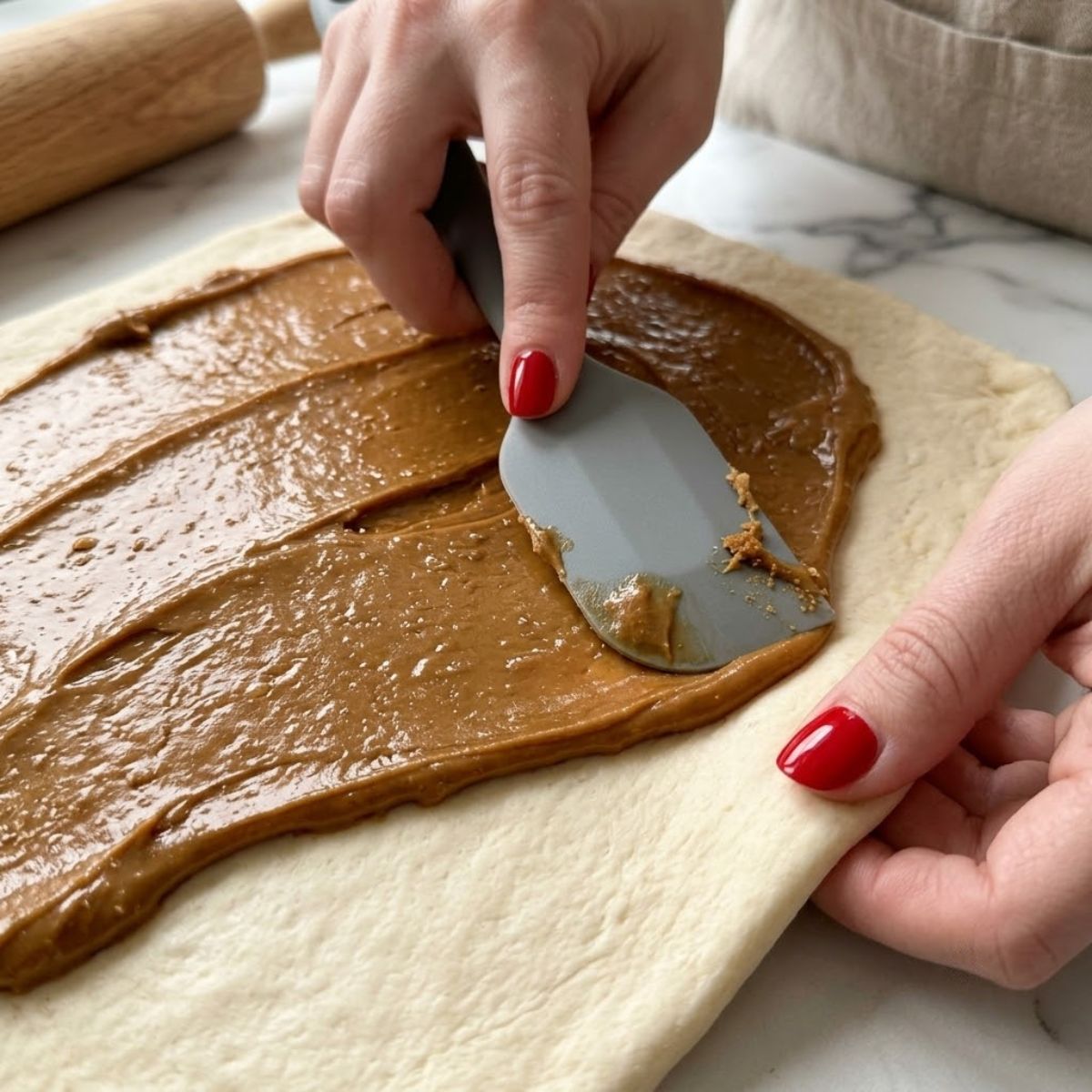 An eye-level close-up of a woman with Classic Red nails using a silicone spatula to spread room temperature cookie butter onto a rolled dough sheet on a marble counter.
