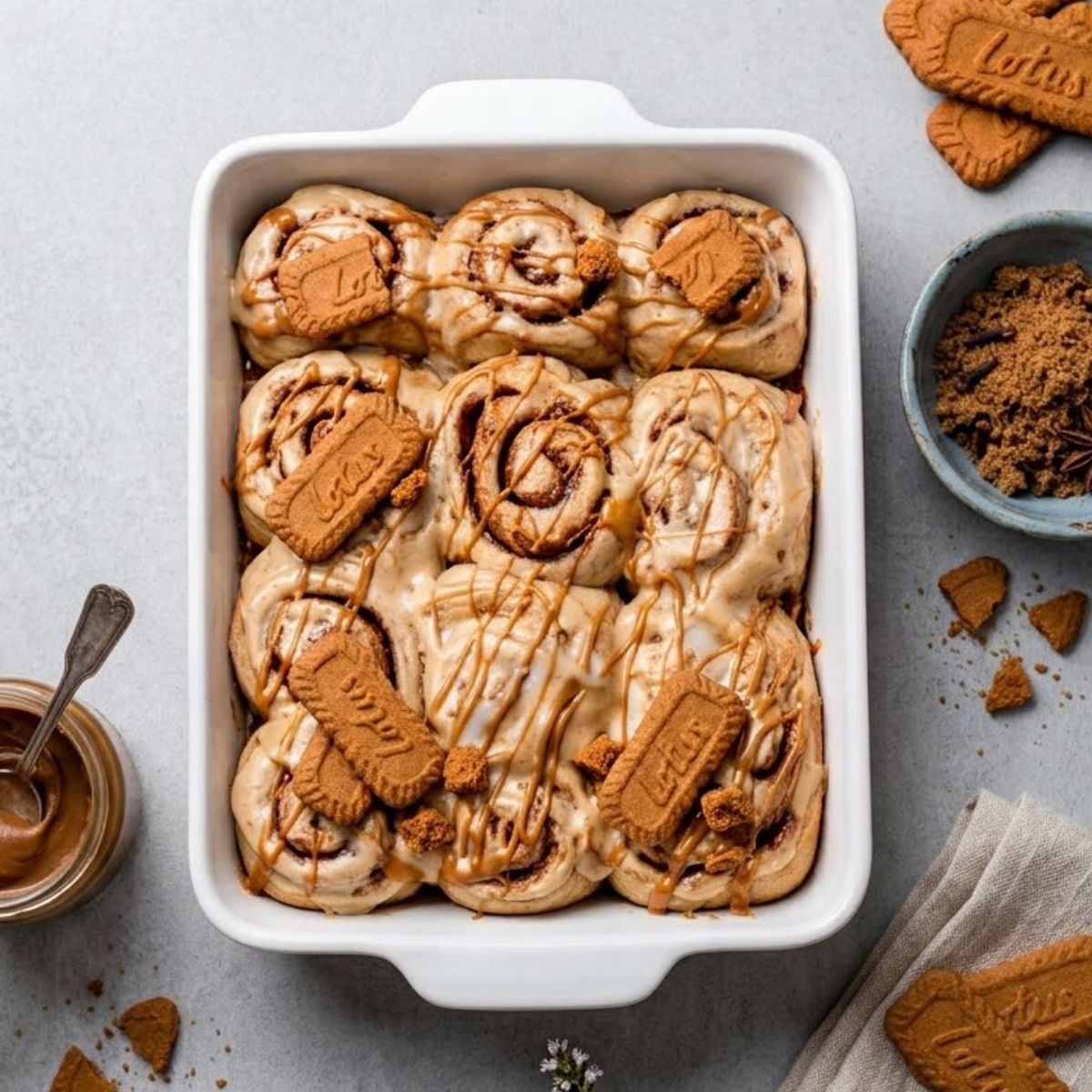 A high-angle close-up of Biscoff cinnamon roll inside a ceramic dish with crushed biscuit garnish on a marble counter.