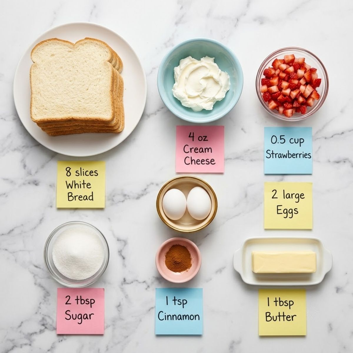 Overhead flat lay of raw Strawberry Cheesecake French Toast Roll-Ups ingredients with labeled sticky notes on marble.