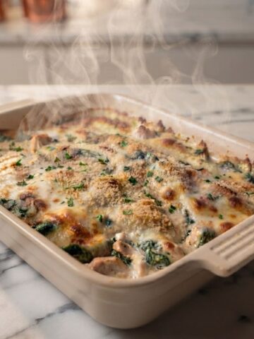 A close-up of Cheesy Chicken Spinach Casserole placed on white kitchen marble with steam coming up.
