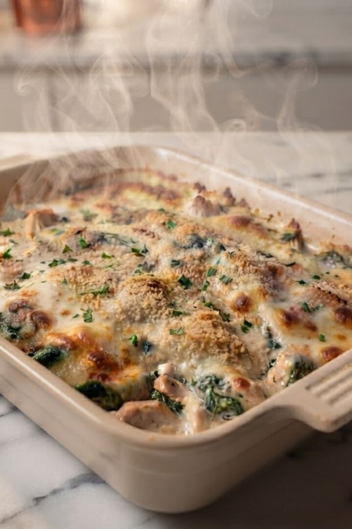 A close-up of Cheesy Chicken Spinach Casserole placed on white kitchen marble with steam coming up.