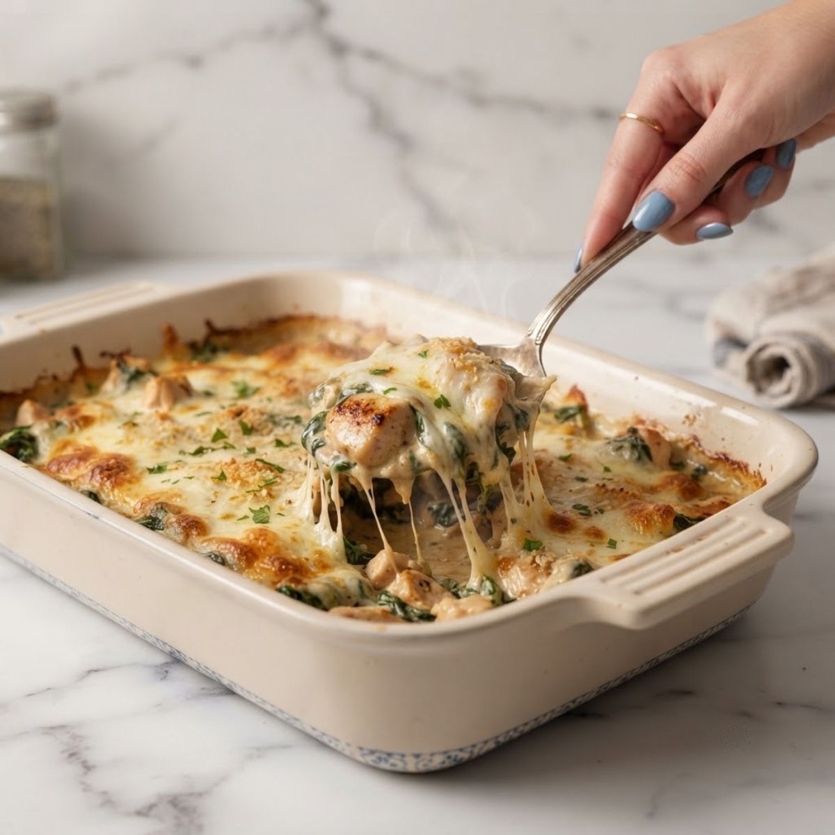 Extreme close-up shot of a woman with fog blue nails scooping a portion of bubbling, golden Cheesy Chicken Spinach Casserole from a baking dish on a marble counter.