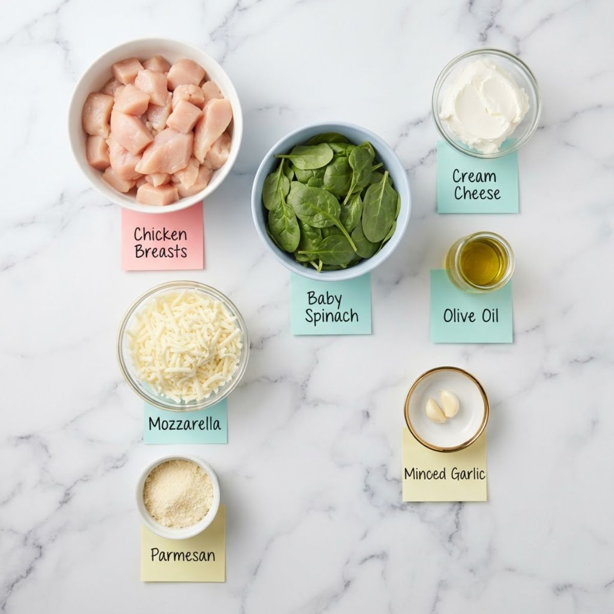 op down knolling shot of Cheesy Chicken Spinach Casserole ingredients on white marble, including chicken breasts, baby spinach, cream cheese, mozzarella, parmesan, garlic, and olive oil, all in various bowls and containers with identifying handwritten sticky notes.