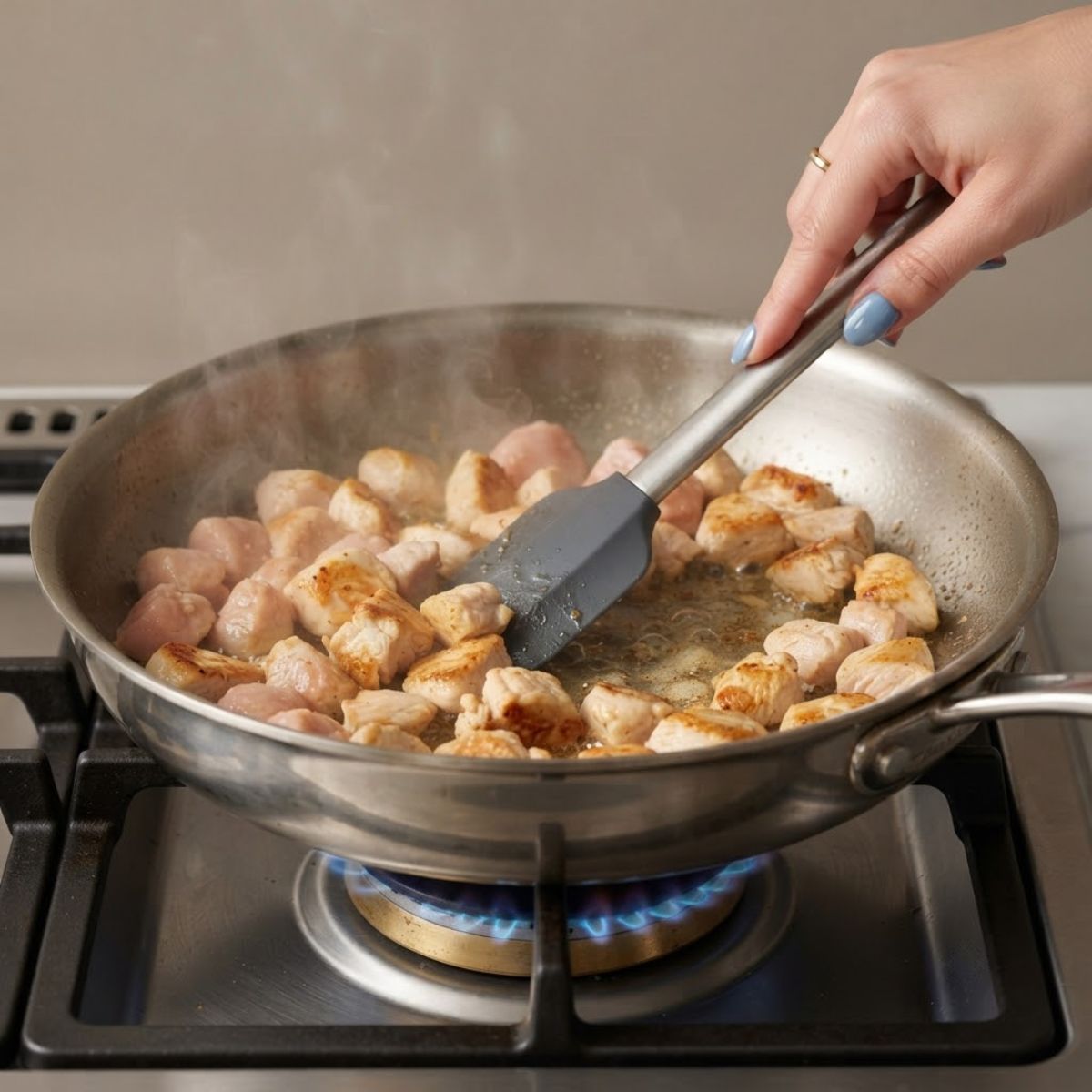 Extreme close-up shot of a woman with fog blue nails stirring diced chicken in a hot skillet over a blue gas stove flame.