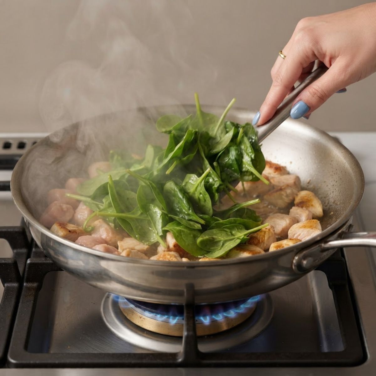 Extreme close-up shot of a woman with fog blue nails tossing baby spinach with chicken in a hot skillet over a blue gas stove flame.