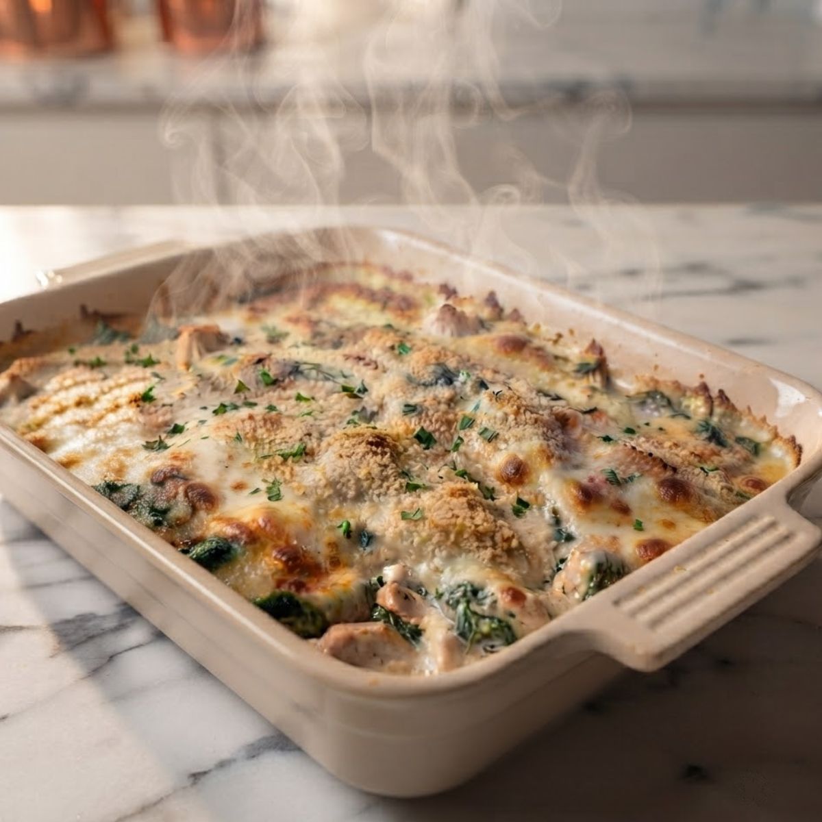 A close-up of Cheesy Chicken Spinach Casserole placed on white kitchen marble with steam coming up.