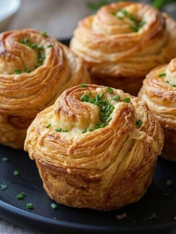 A close-up of Cheesy Garlic Cruffin placed on a black ceramic plate sprinkled with finely chopped fresh green chives.