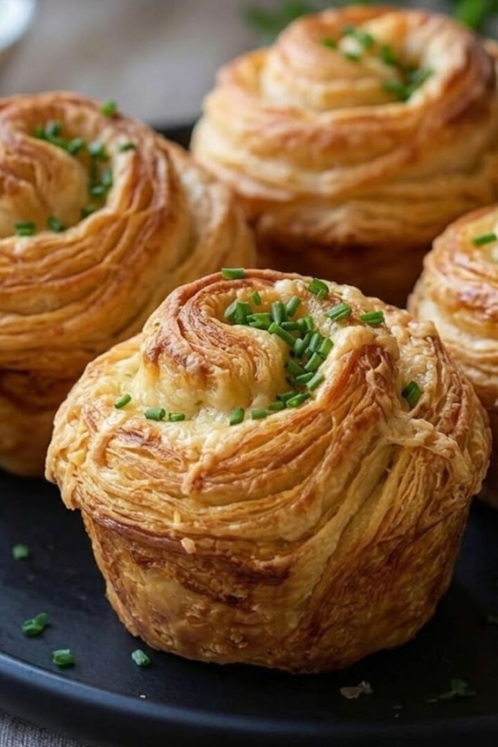 A close-up of Cheesy Garlic Cruffin placed on a black ceramic plate sprinkled with finely chopped fresh green chives.