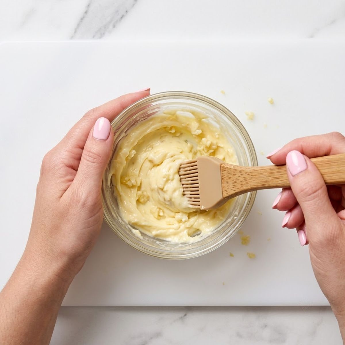 Extreme close-up shot of a woman with baby pink nails mixing softened butter and minced garlic in a small glass bowl with a silicone pastry brush on a marble counter.