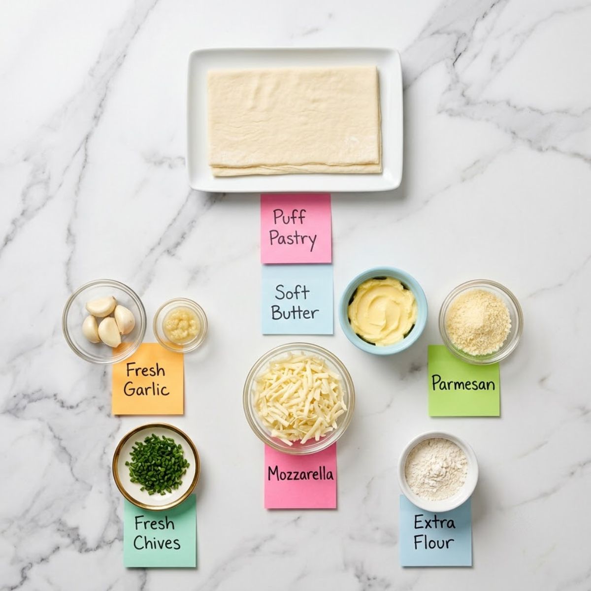 Top down knolling shot of Cheesy Garlic Cruffin ingredients on white marble, including puff pastry sheets, softened butter, fresh and minced garlic, mozzarella, parmesan, and chives, all in various bowls and plates with identifying handwritten sticky notes.