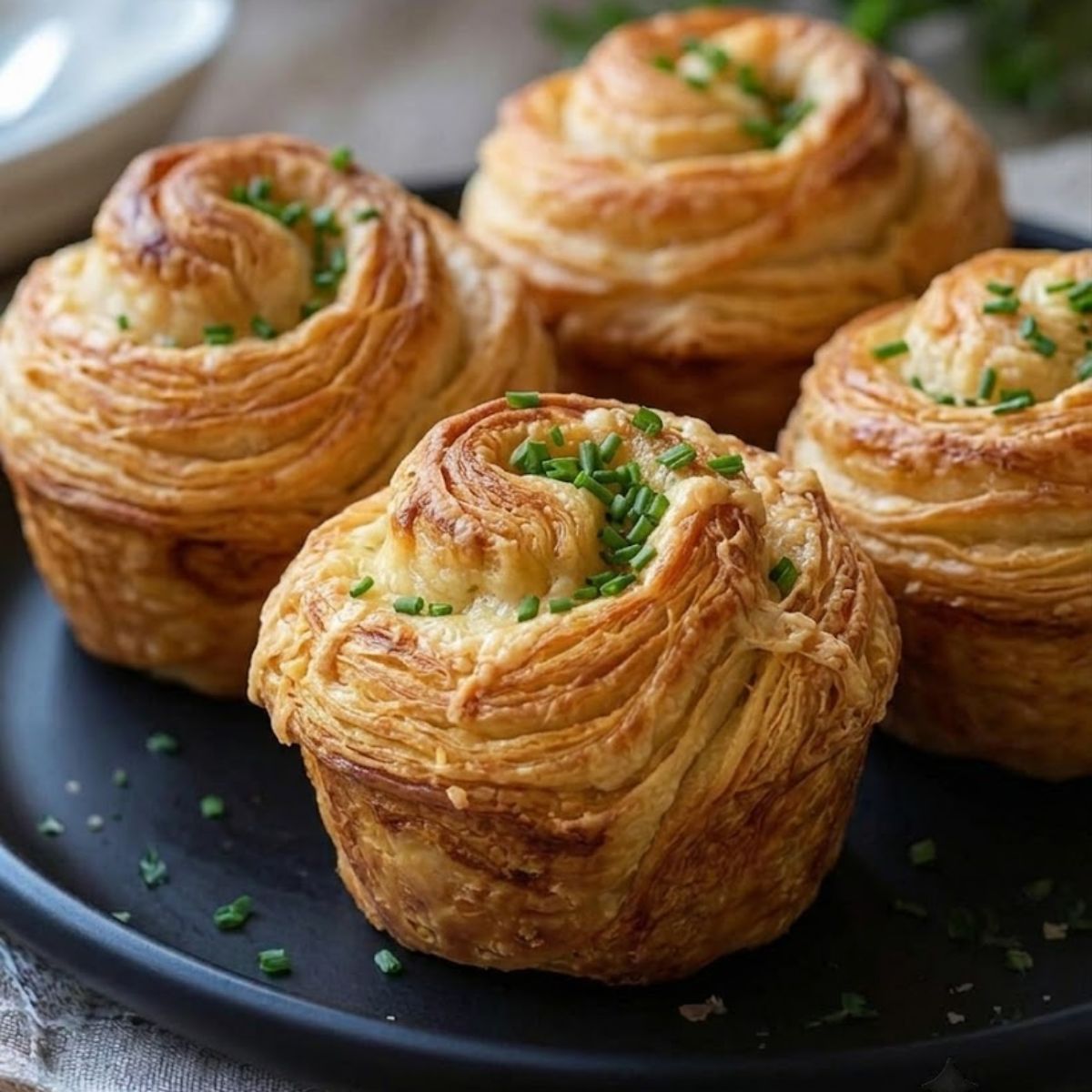 A close-up of Cheesy Garlic Cruffin placed on a black ceramic plate sprinkled with finely chopped fresh green chives.