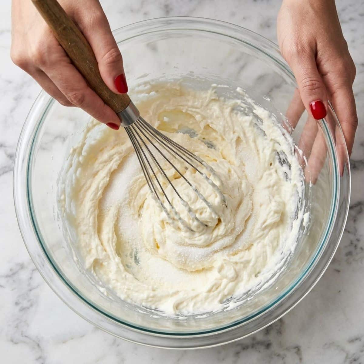 A high-angle close-up view of a woman with Classic Red nails using a wire whisk to cream butter and sugar in a glass bowl on a marble counter.