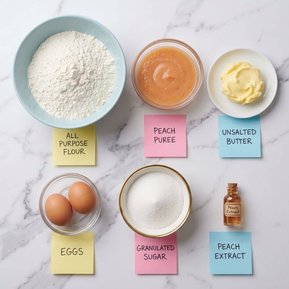 An overhead knolling shot of raw ingredients for peach cookies including flour, peach puree, butter, and sugar with handwritten sticky notes on a marble counter.