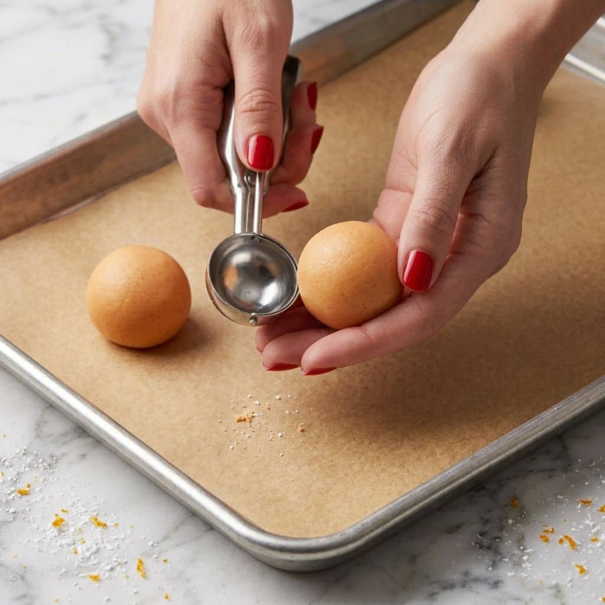 An extreme close-up of a woman with Classic Red nails using a cookie scoop and rolling dough into spheres on a lined baking sheet on a marble counter.