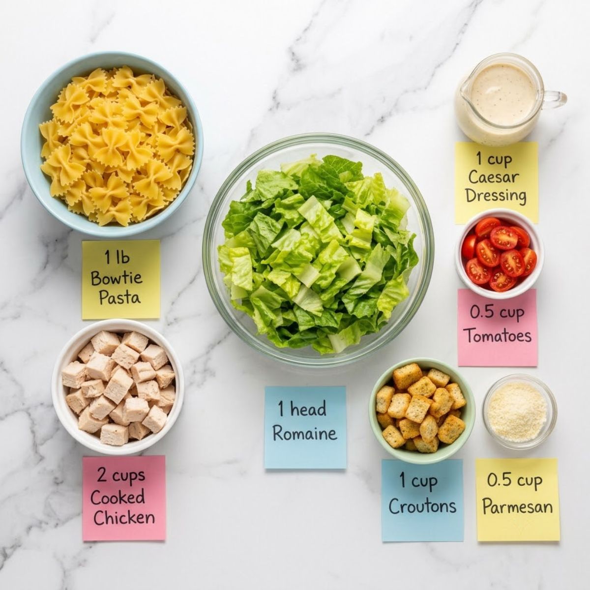 Flat lay of ingredients for chicken Caesar pasta salad on marble.