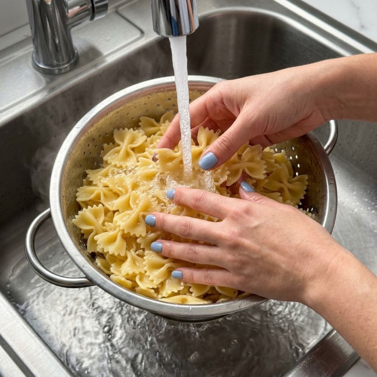 Close-up of hands with blue nails rinsing bowtie pasta under cold water.