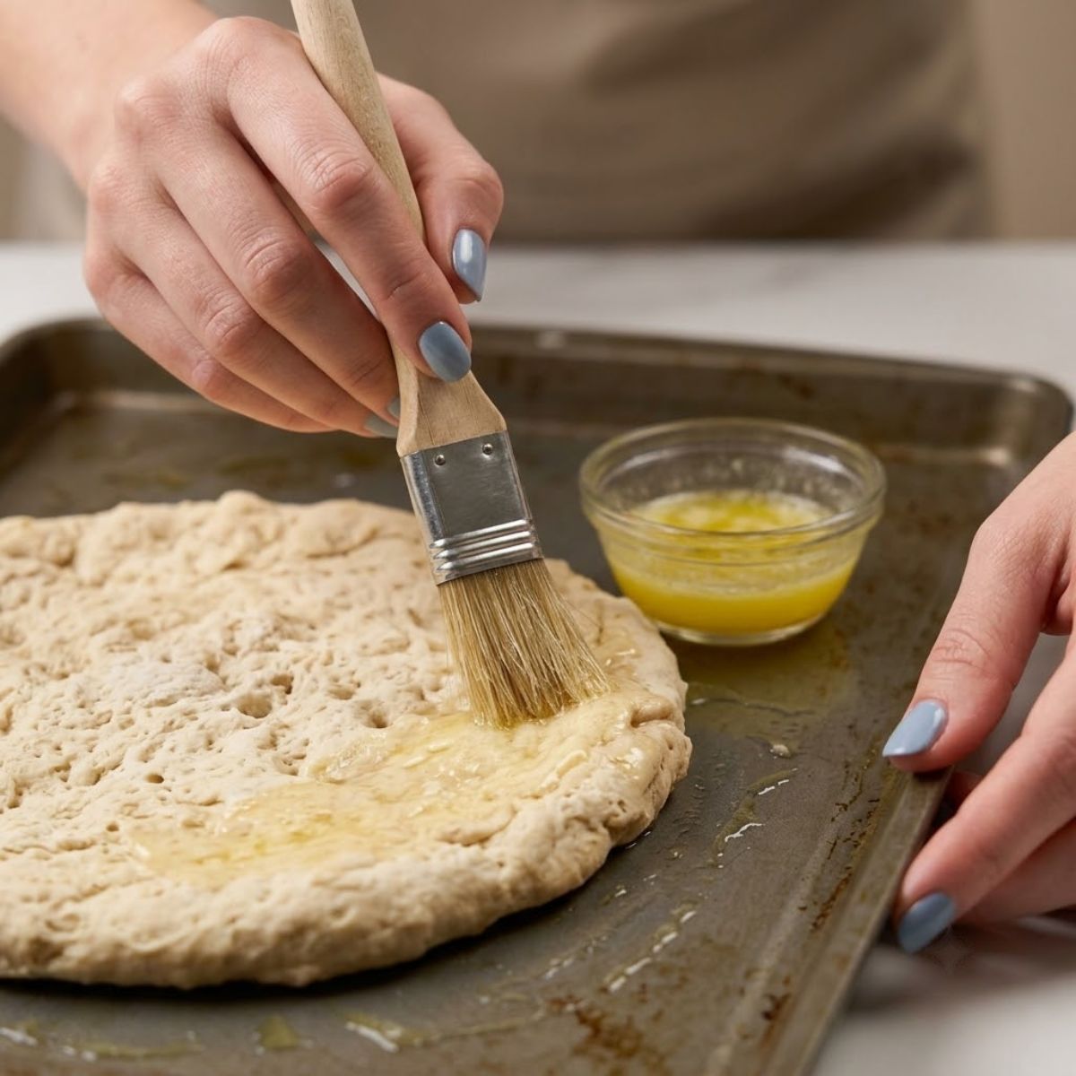 A close up eye level view of a woman with Fog Blue nail polish using a pastry brush to apply melted butter to pizza dough on a baking sheet.