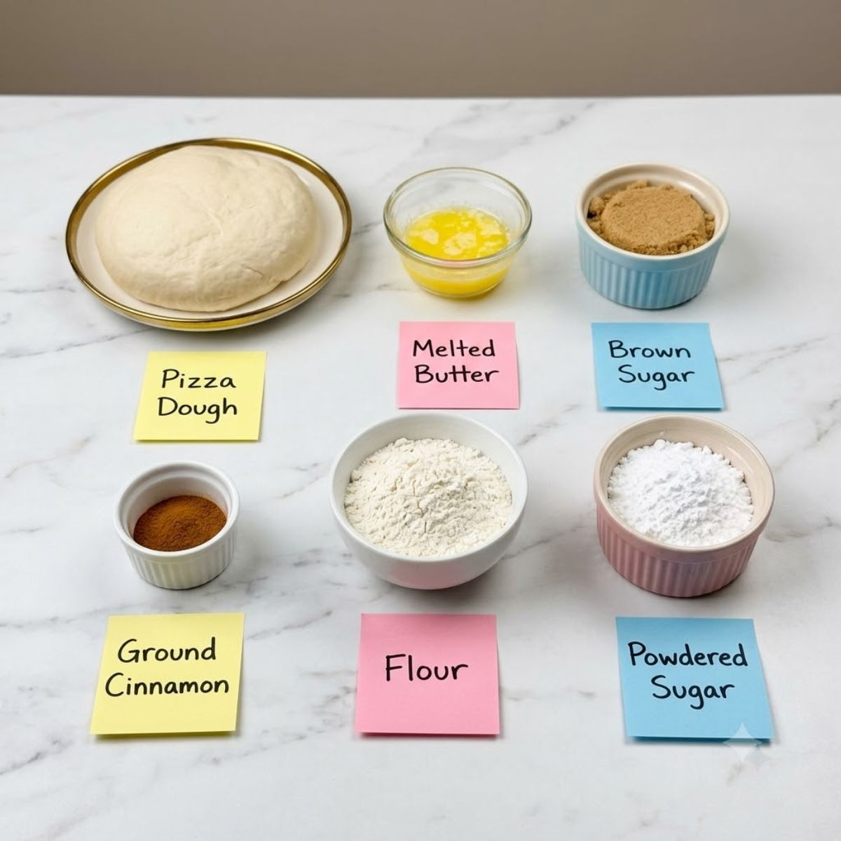 An overhead flat lay photograph of organized ingredients for Cinnamon Sugar Pizza, including pizza dough, melted butter, brown sugar, cinnamon, flour, and powdered sugar, on a white marble countertop with handwritten sticky notes.