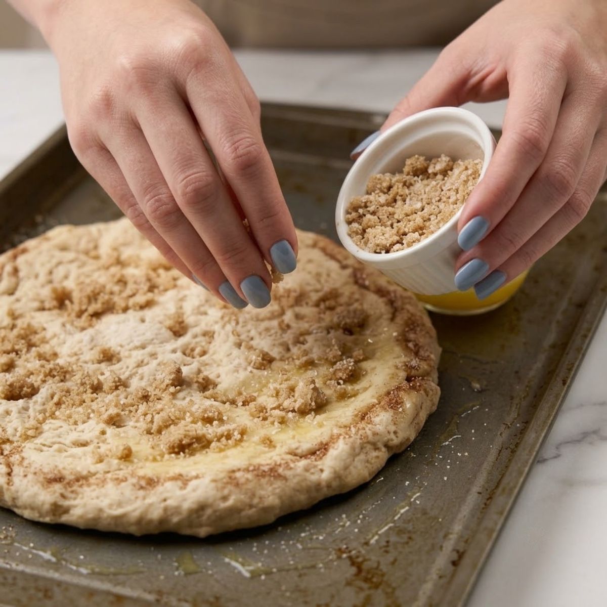 A high angle extreme close up of a woman with Fog Blue nails layering streusel crumbs on buttered pizza dough on a marble countertop.
