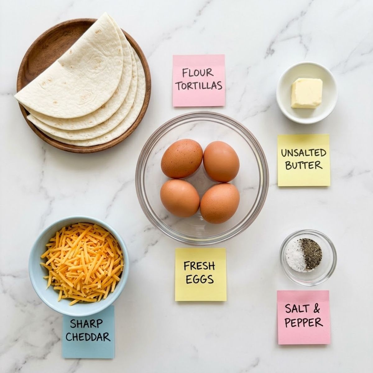 An overhead knolling shot of raw ingredients for breakfast quesadillas with handwritten colored sticky notes on a marble counter.