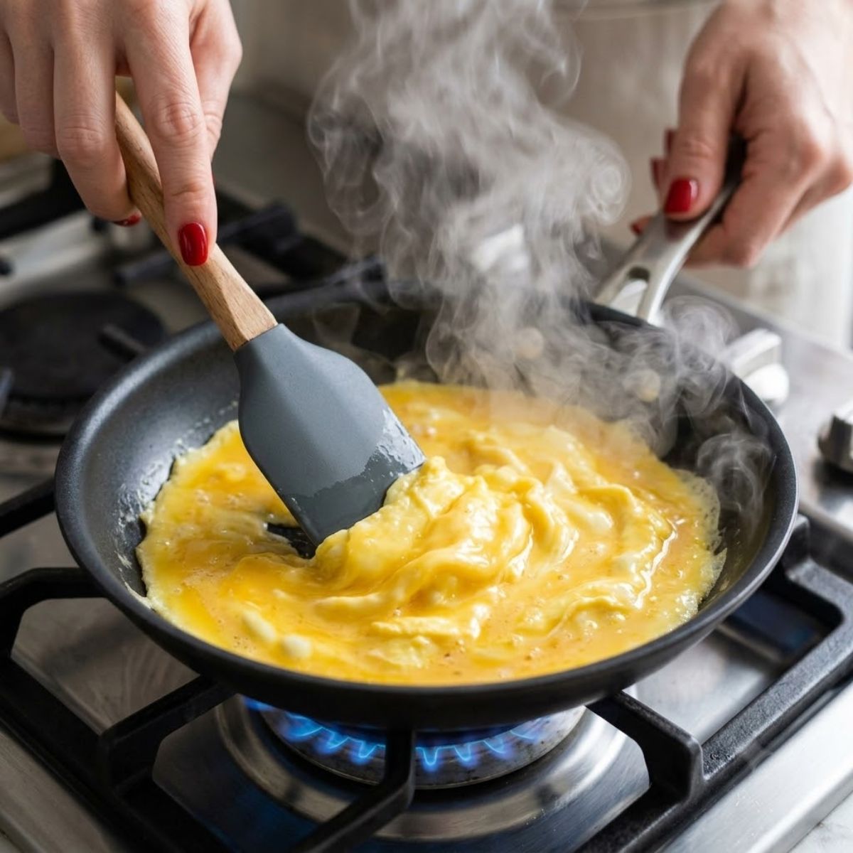 A high-angle close-up of a woman with Glossy Black nails stirring soft scrambled eggs in a hot skillet on a gas stove.