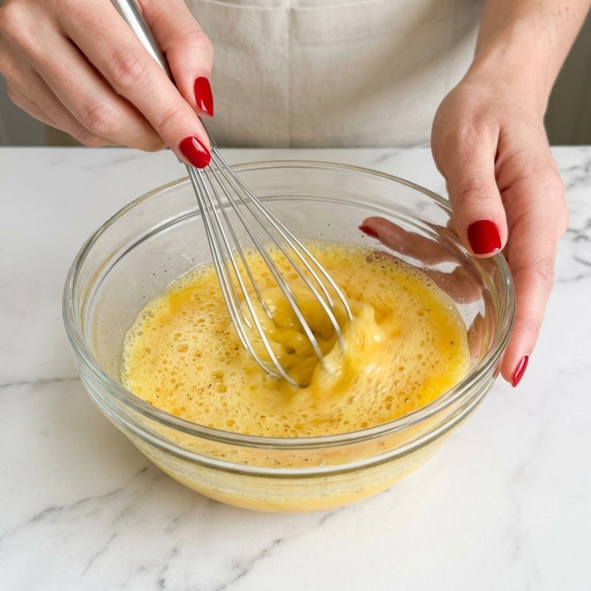 A close-up view of a woman with Glossy Black nails whisking eggs in a glass bowl on a marble counter.