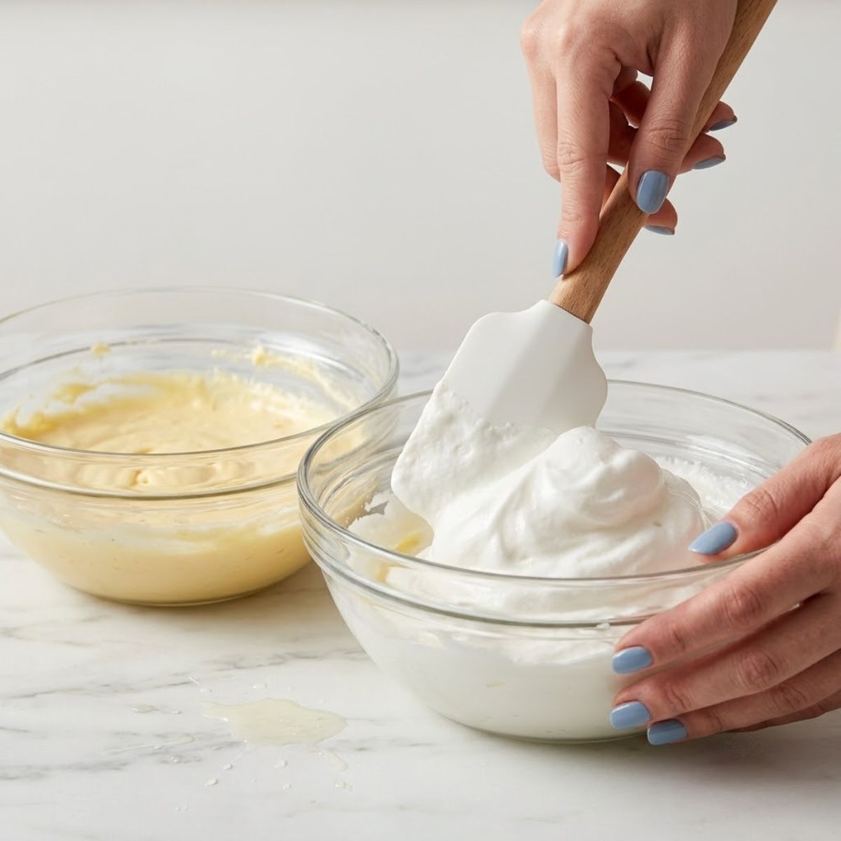 An eye-level extreme close-up of a woman with Fog Blue nails gently folding glossy egg white meringue into a yellow cheesecake batter base on a white marble counter.