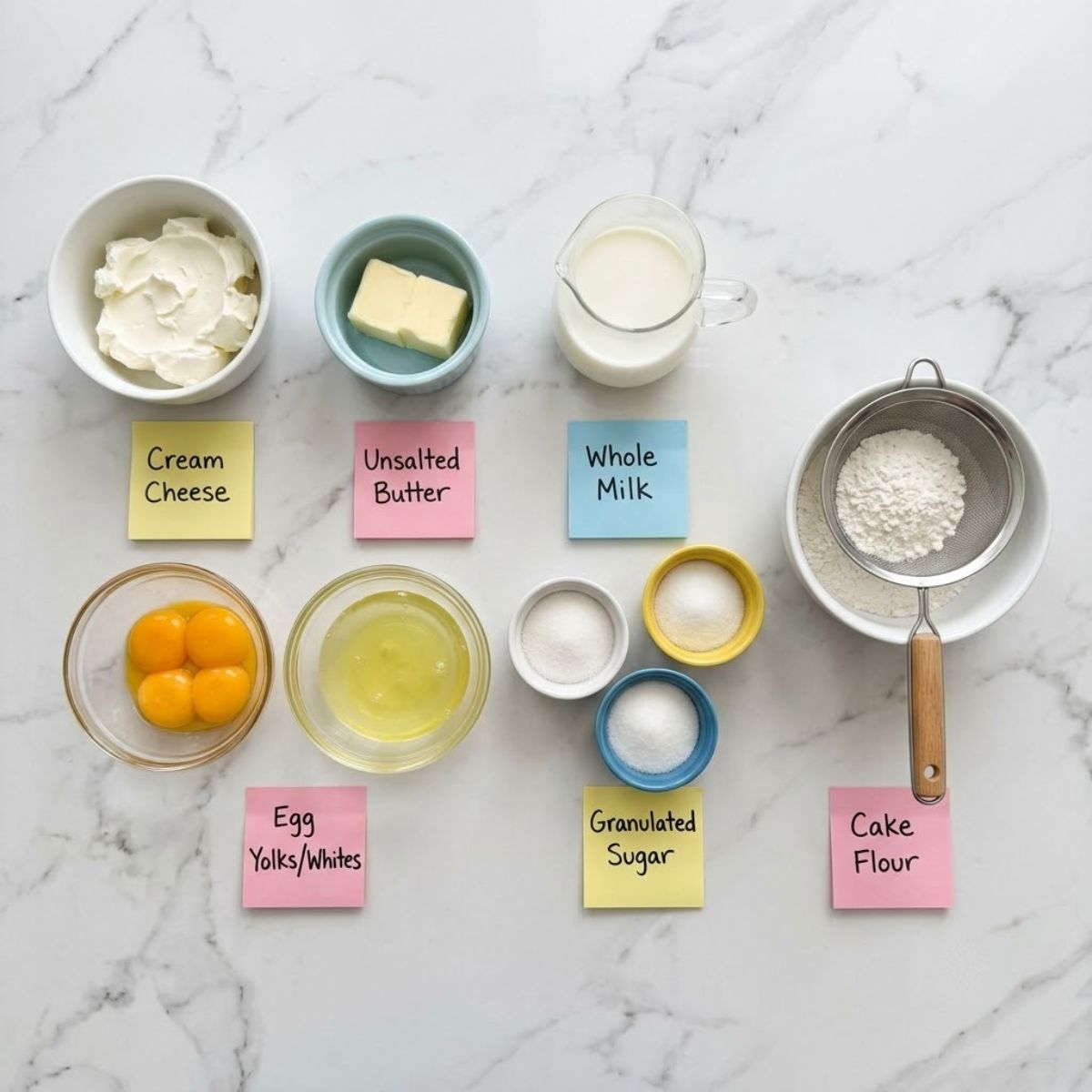 An overhead flat lay photograph of organized ingredients for Fluffy Japanese Cheesecake, including cream cheese, butter, milk, eggs, sugar, and flour,on a white marble countertop with handwritten sticky notes.