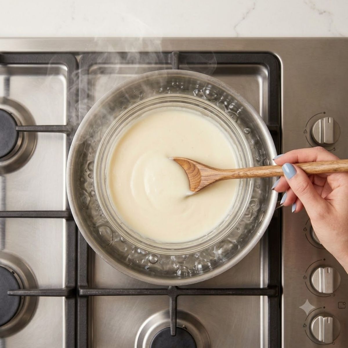 A close-up high-angle view of a woman with Fog Blue nail polish stirring melting cream cheese, butter,and milk in a double boiler on a stainless steel gas stove.