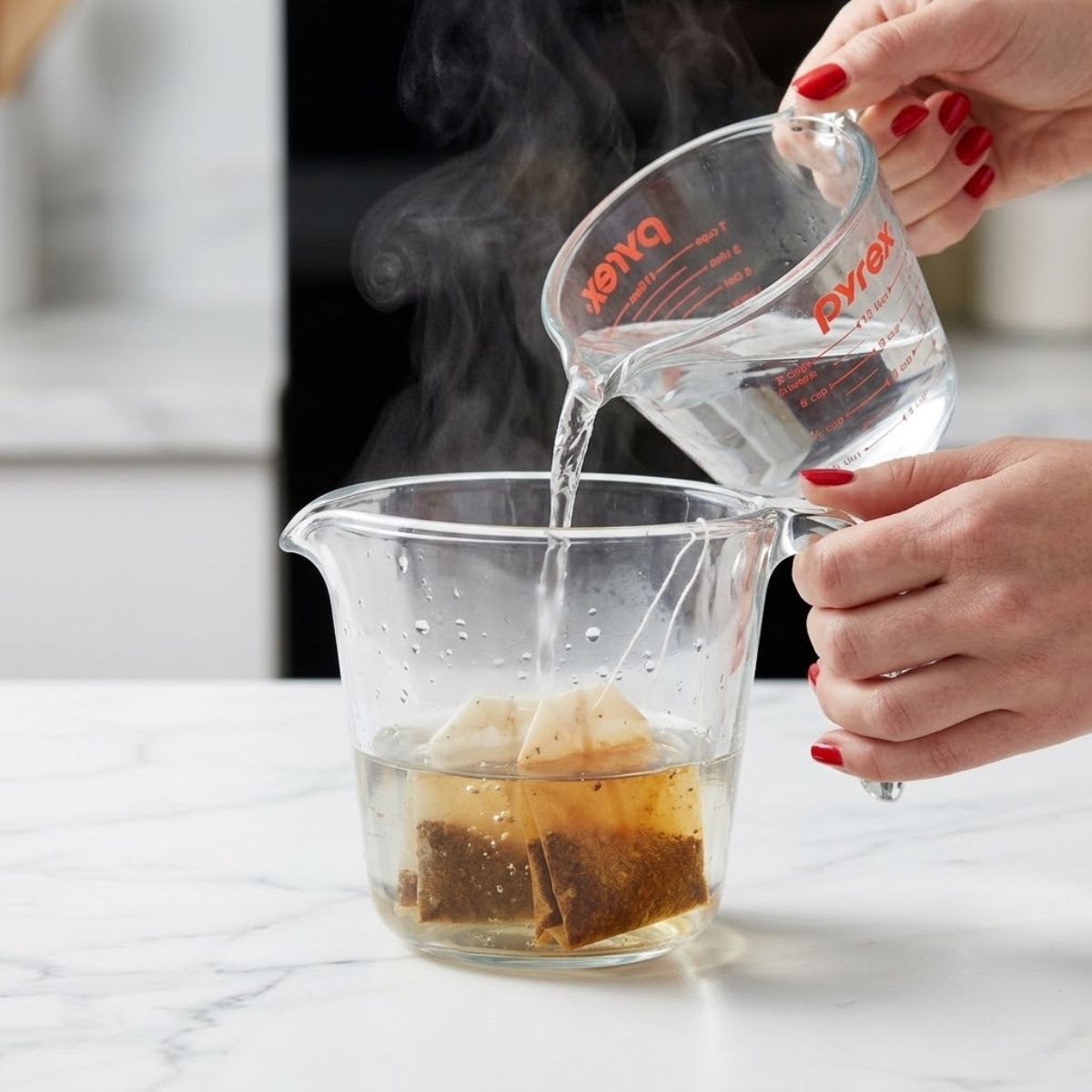 Close-up of hands with red nails pouring steaming water over tea bags in a glass pitcher.
