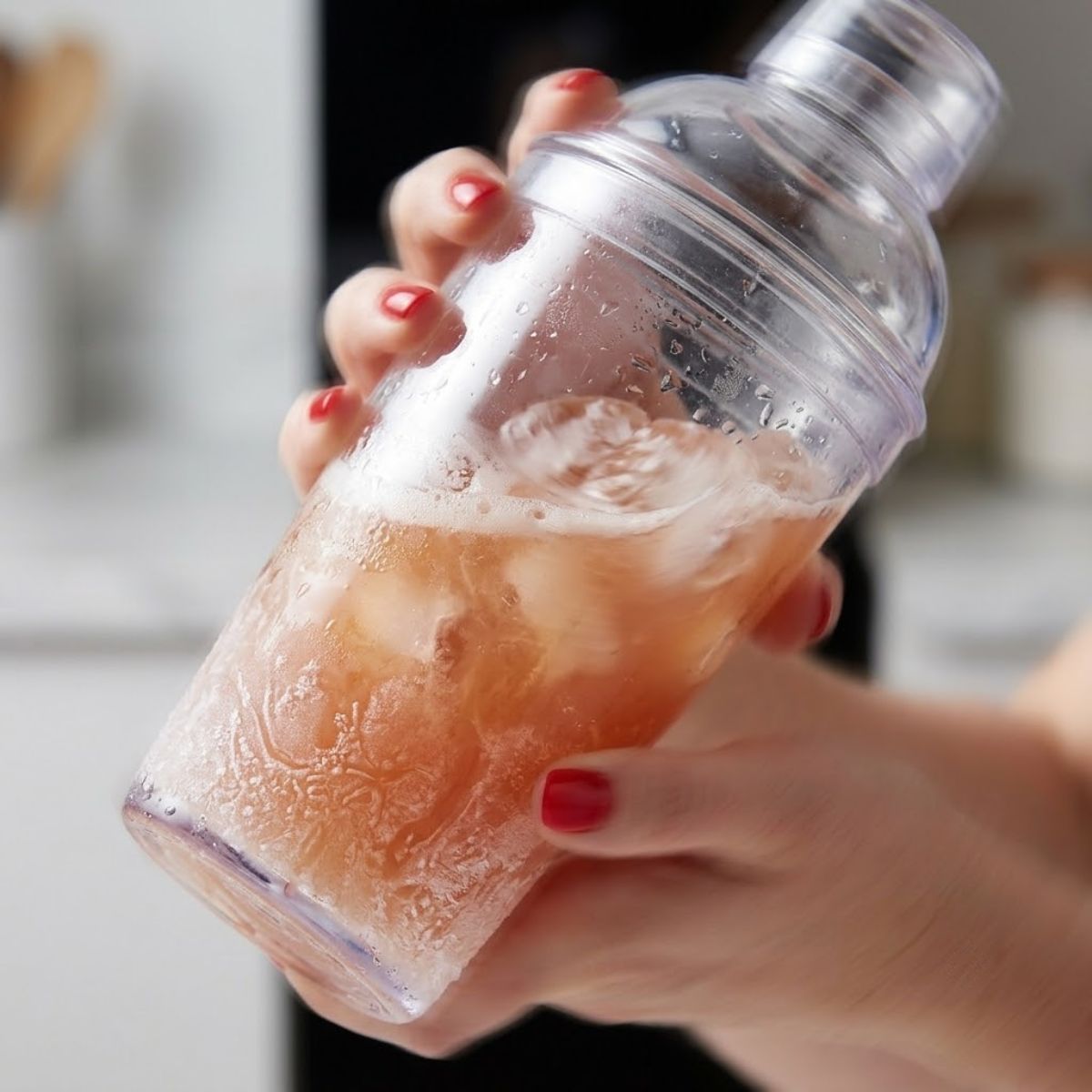 Tightly focused overhead view of hands with red nails vigorously shaking a frost-covered cocktail shaker.