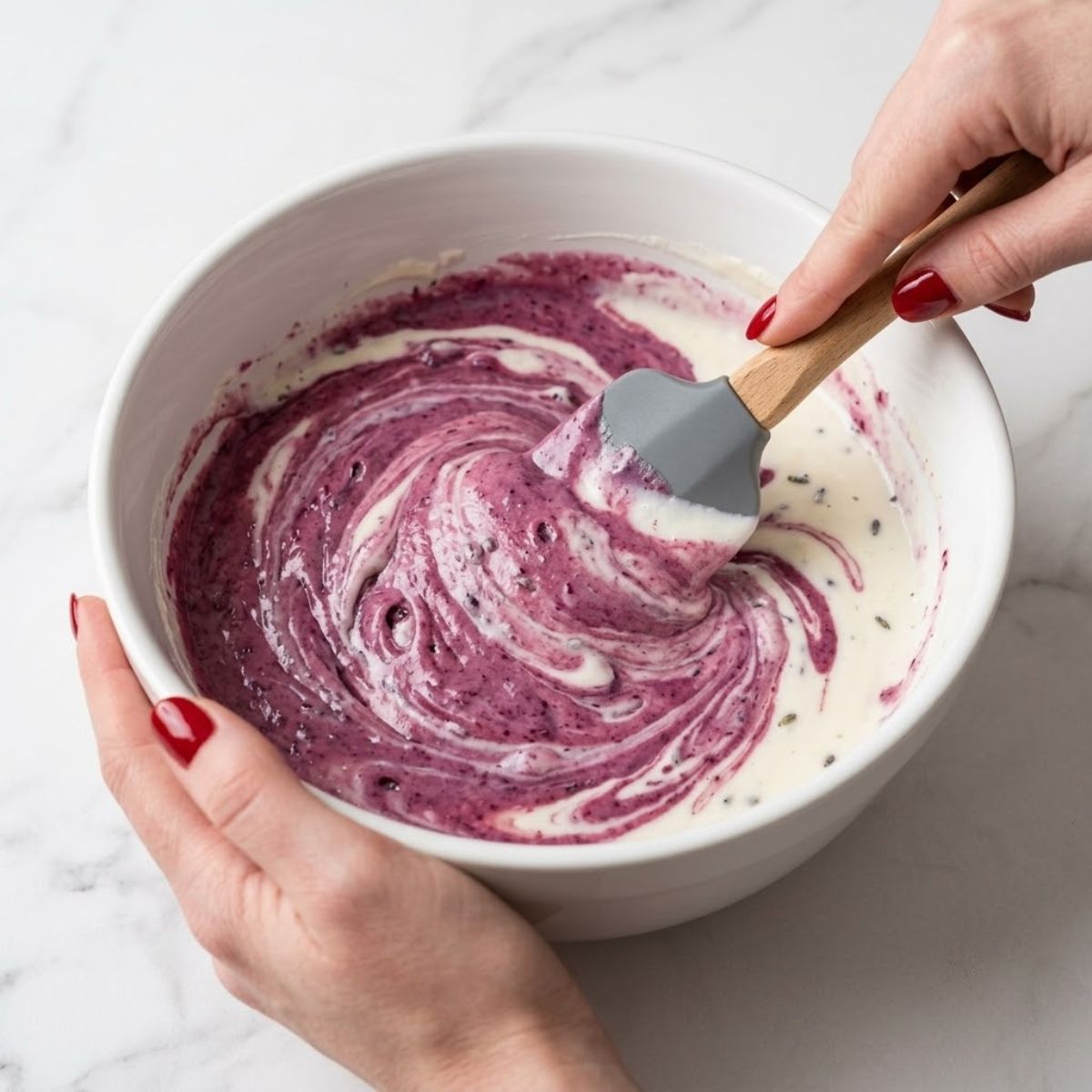 An eye-level close-up of a woman with Glossy Black nails creating a marble pattern by folding purple tinted batter into white cheesecake filling in a bowl on a marble counter.