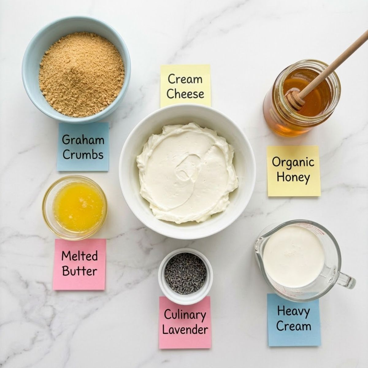 An overhead knolling shot of Honey Lavender Cheesecake ingredients in various bowls and jars on a marble counter with handwritten colored sticky notes.