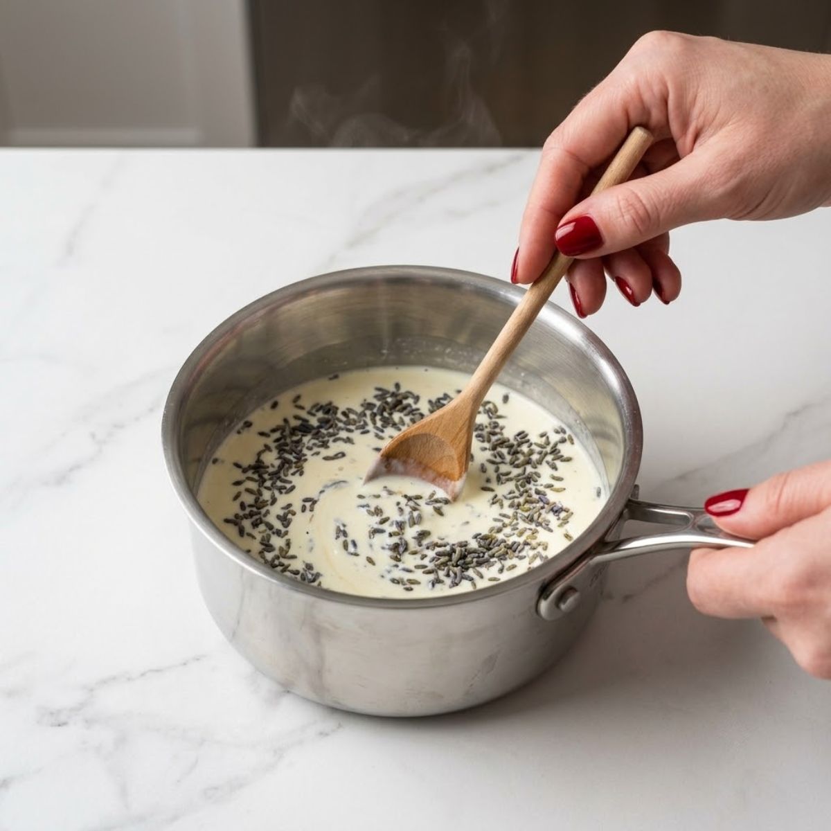A high-angle close-up of a woman with Glossy Black nails stirring dried lavender buds into heavy cream in a small stainless steel saucepan on a marble counter.