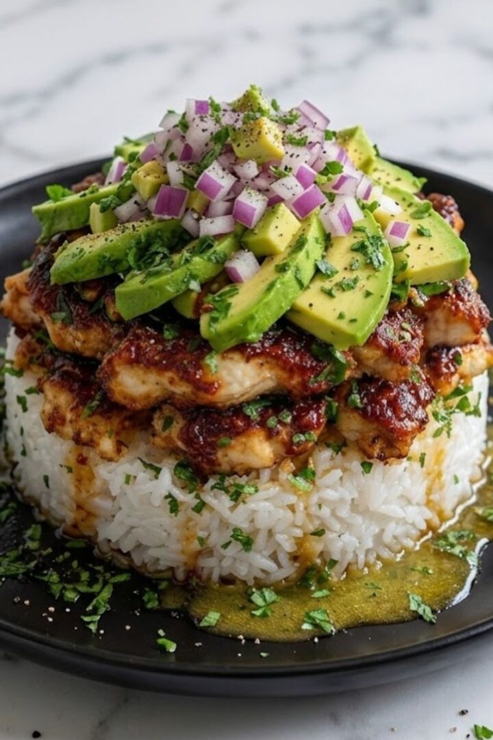 Honey Lime Chicken Avocado Rice Stack