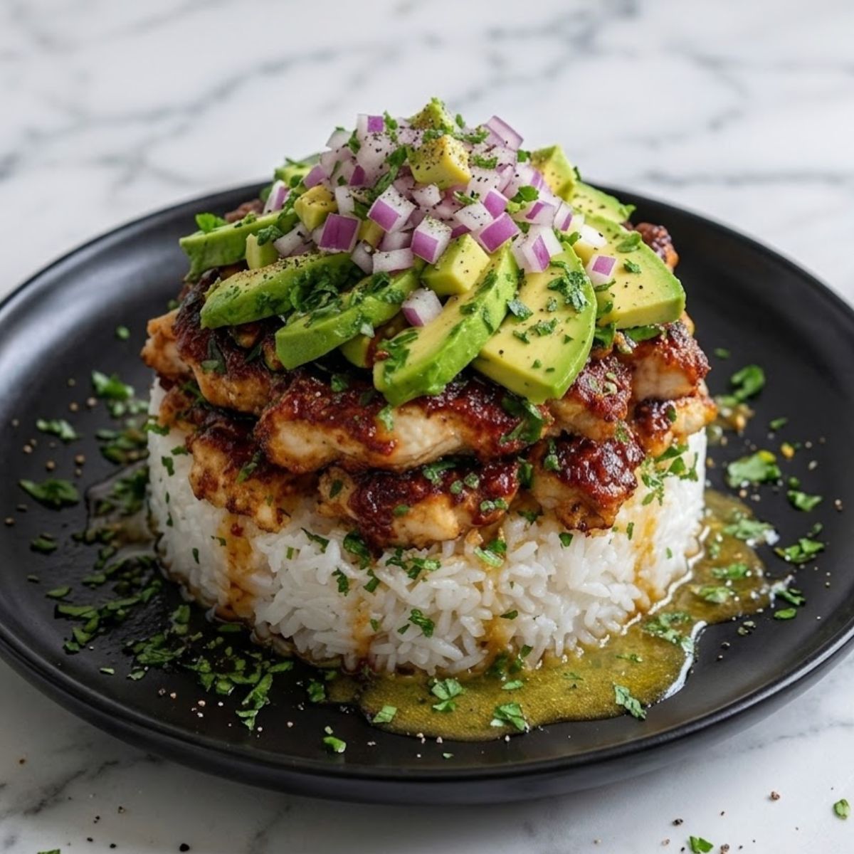 Honey Lime Chicken Avocado Rice Stack