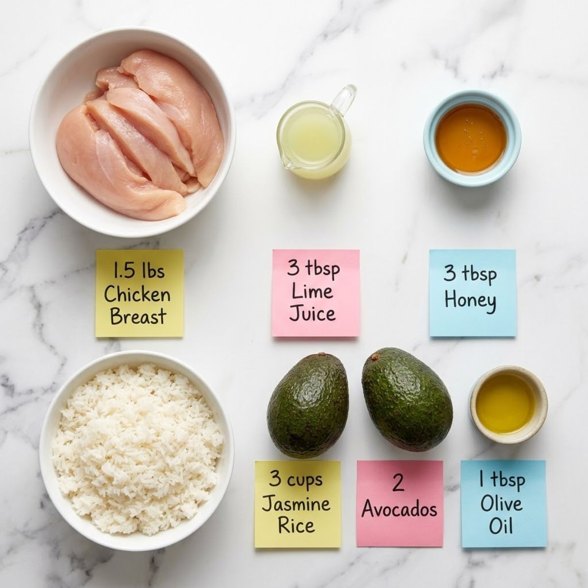 Overhead flat lay of raw Honey Lime Chicken Avocado Rice Stack ingredients with labeled sticky notes on marble.