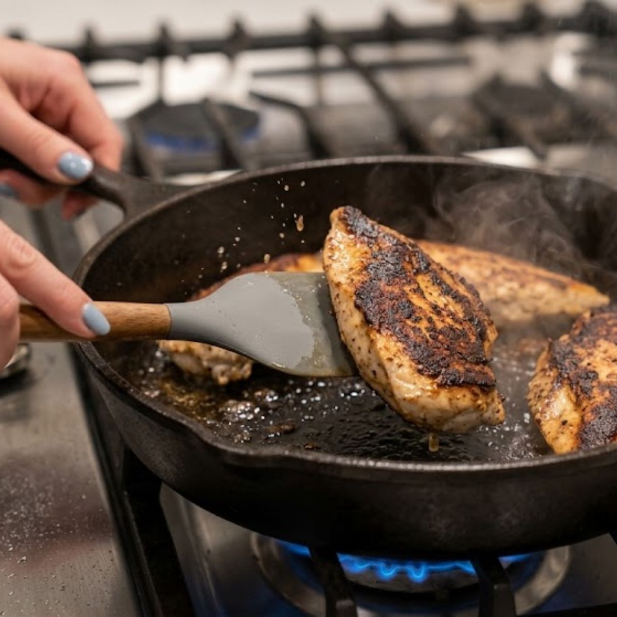 Close-up of hands with blue nails using a spatula to flip searing chicken breasts in a hot skillet on the stove.