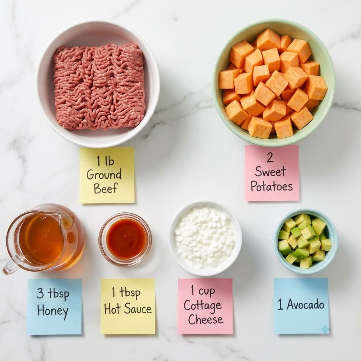 Flat lay of ingredients for Hot Honey Sweet Potato Beef Bowl with labeled sticky notes on a marble counter.