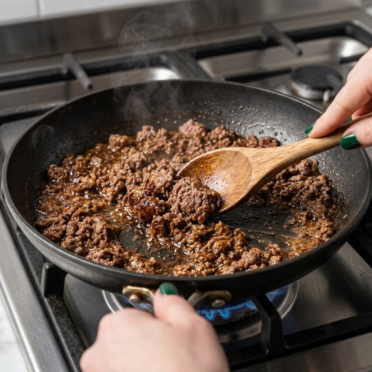 Close-up of hands with green nails actively breaking apart ground beef in a hot skillet on a stovetop