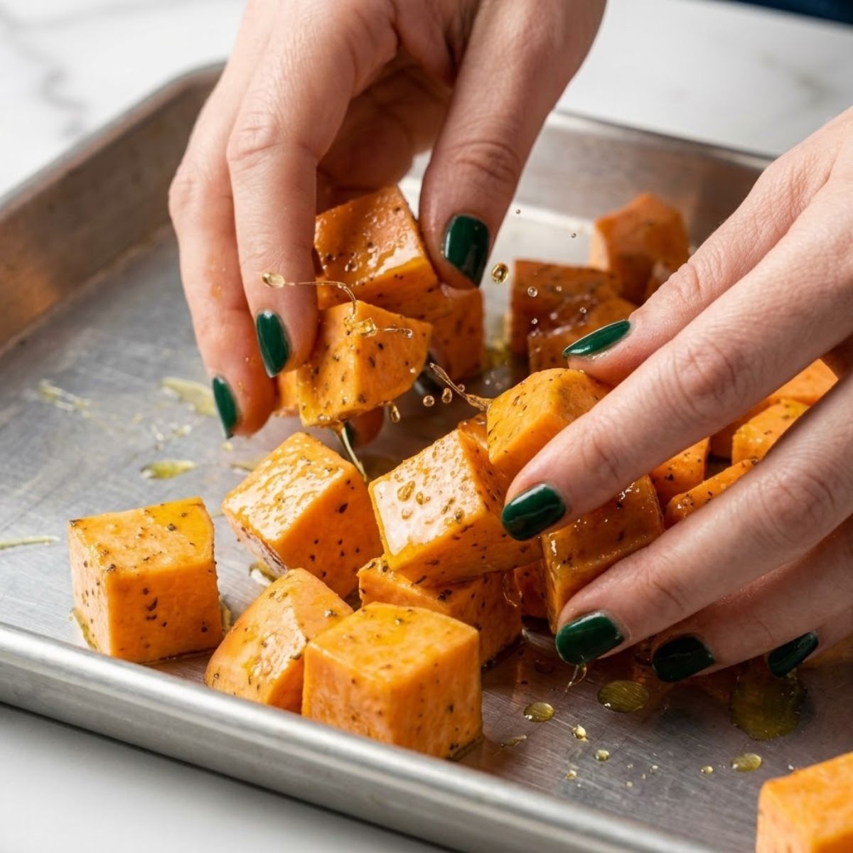 Close-up of hands with green nails tossing cubed sweet potatoes with olive oil on a baking sheet.