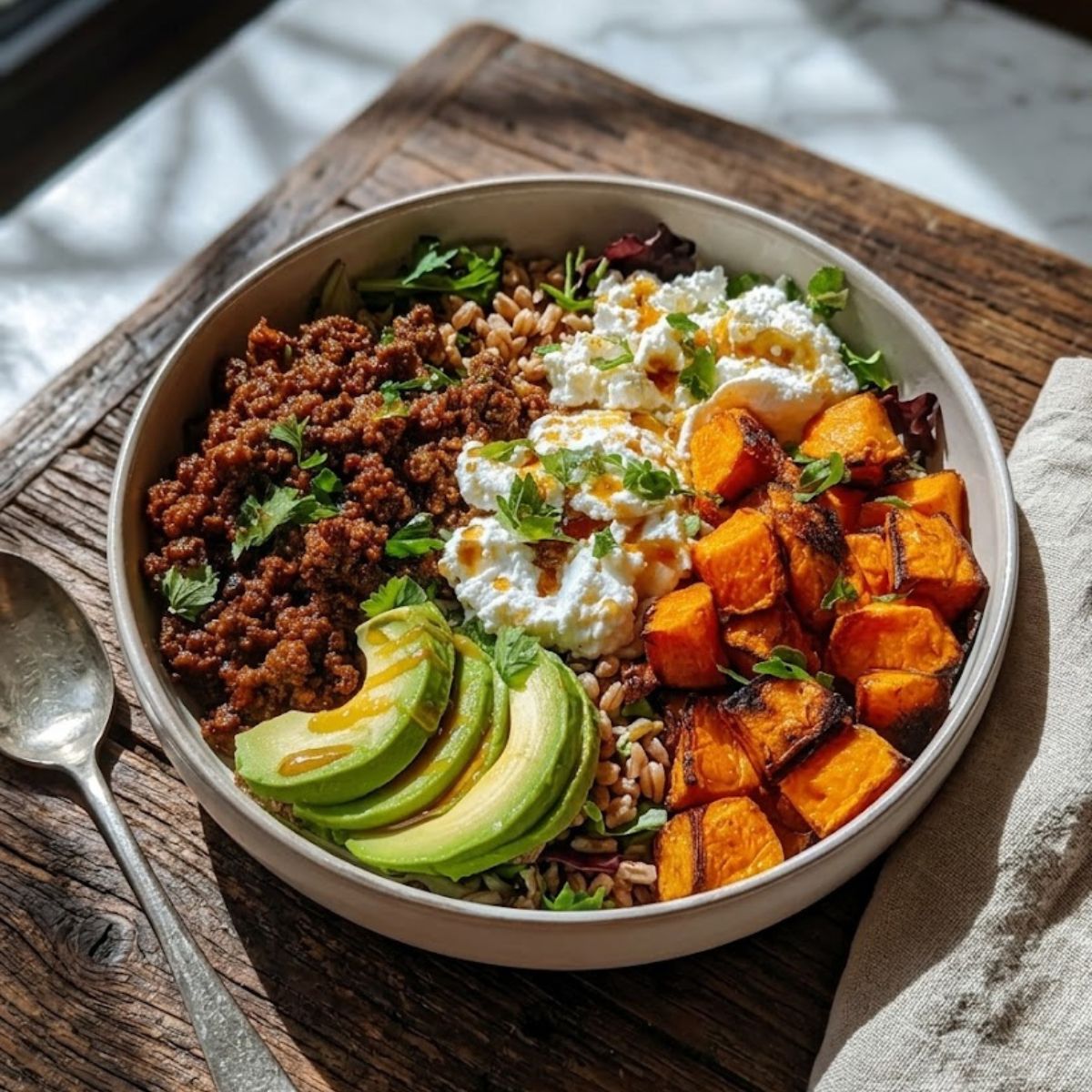 Hot Honey Sweet Potato Beef Bowl
