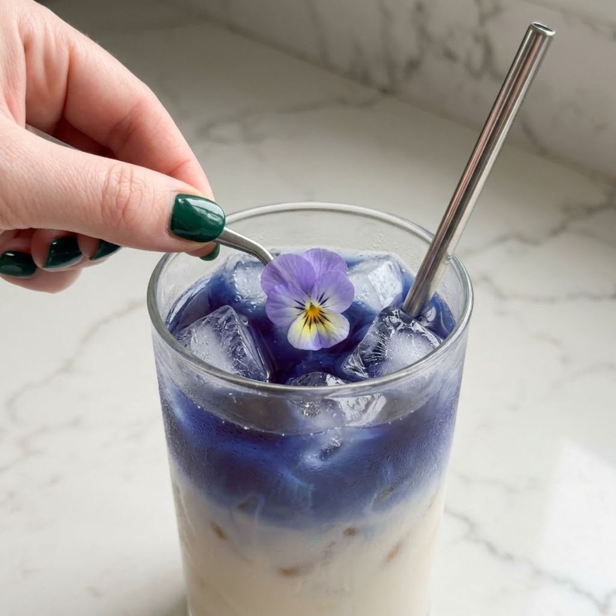 Extreme close-up shot of a layered blue and white Iced Butterfly Pea Flower Tea Latte on a marble counter, with a woman's hand with emerald green nails adding an edible viola garnish.
