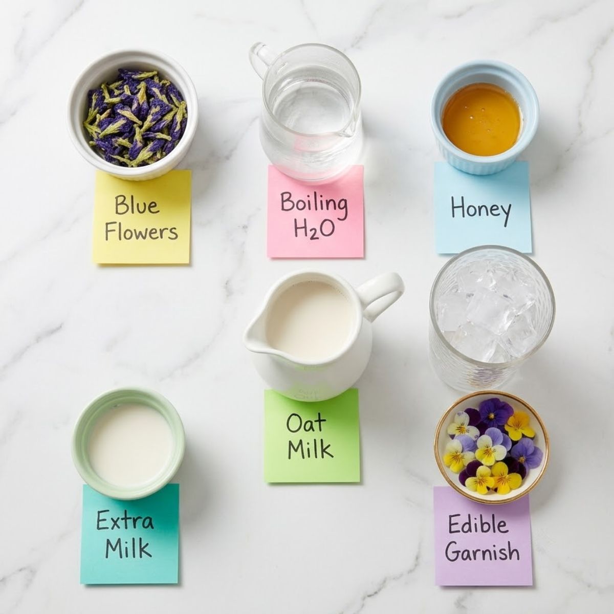 Top-down knolling shot of Iced Butterfly Pea Flower Tea Latte ingredients on white marble, including dried flowers, oat milk, honey, and ice, all in various bowls and pitchers with identifying handwritten sticky notes.