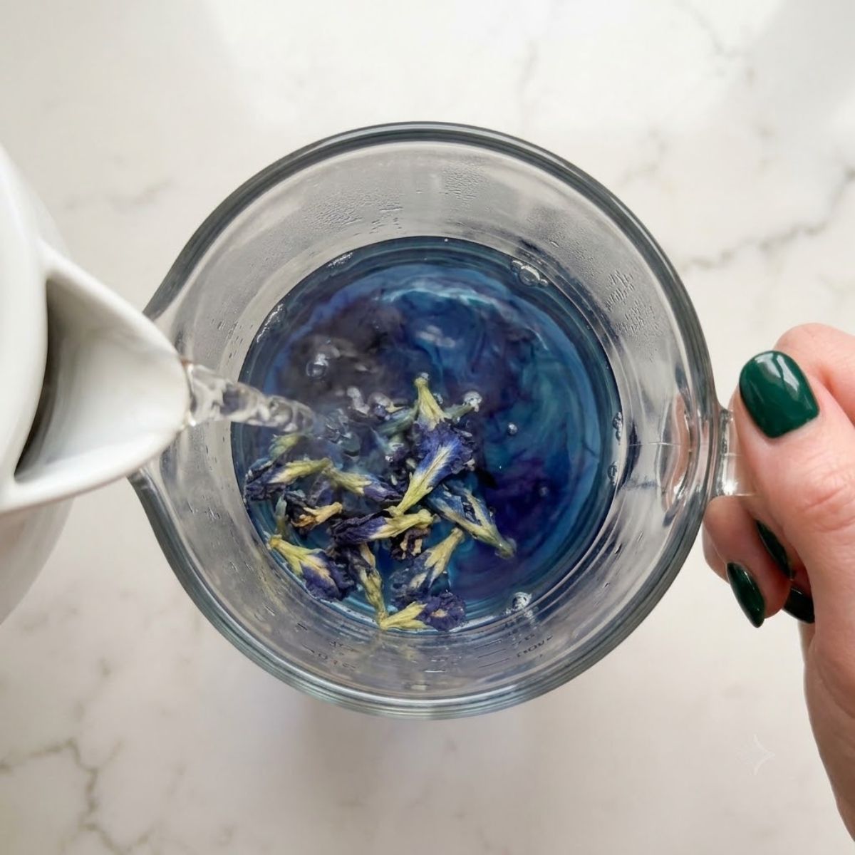 Extreme close-up of a woman with emerald green nails pouring boiling water over dried butterfly pea flowers in a glass measuring cup, watching the indigo tea steep on a marble counter.