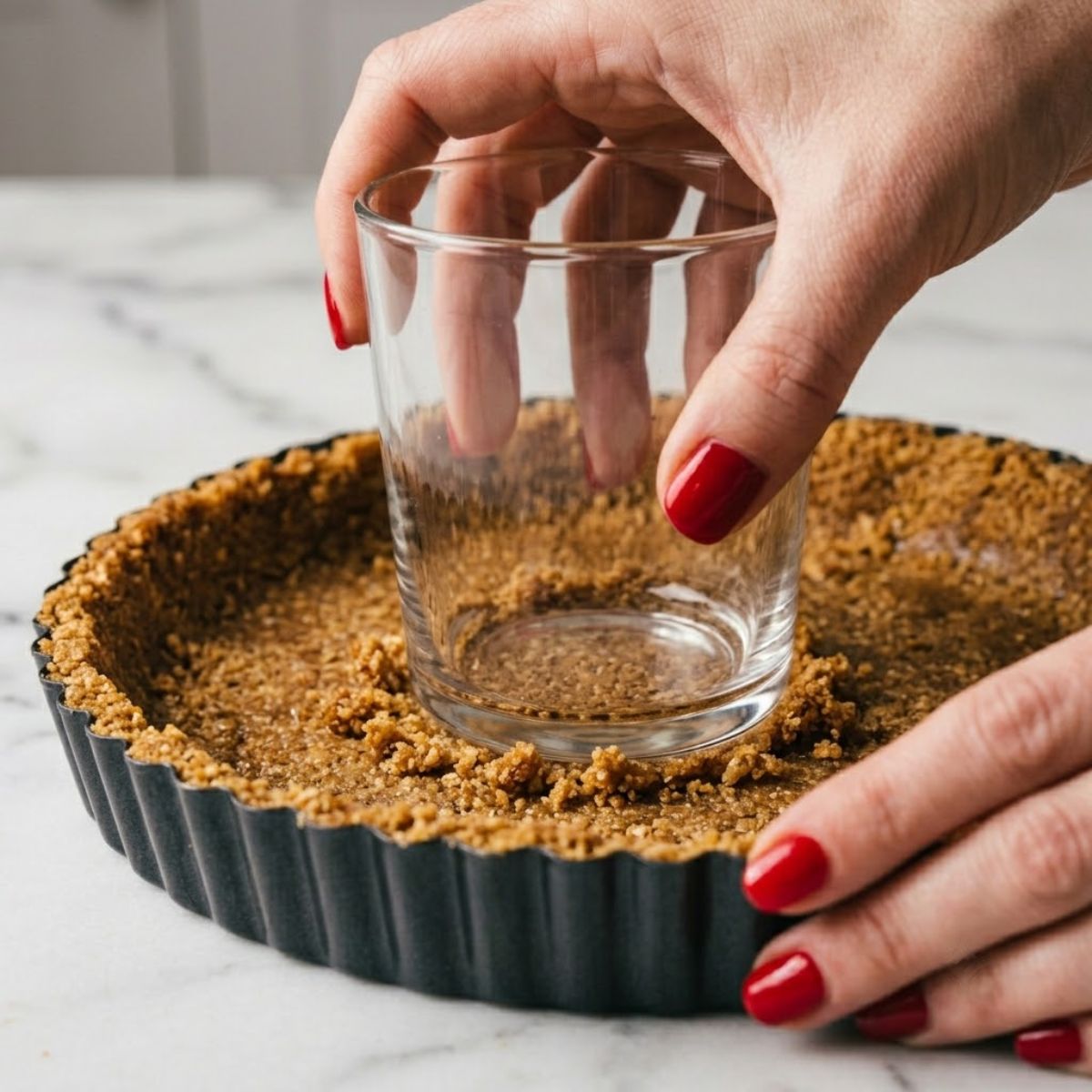 Close-up of hands pressing graham cracker crust into a tart pan.