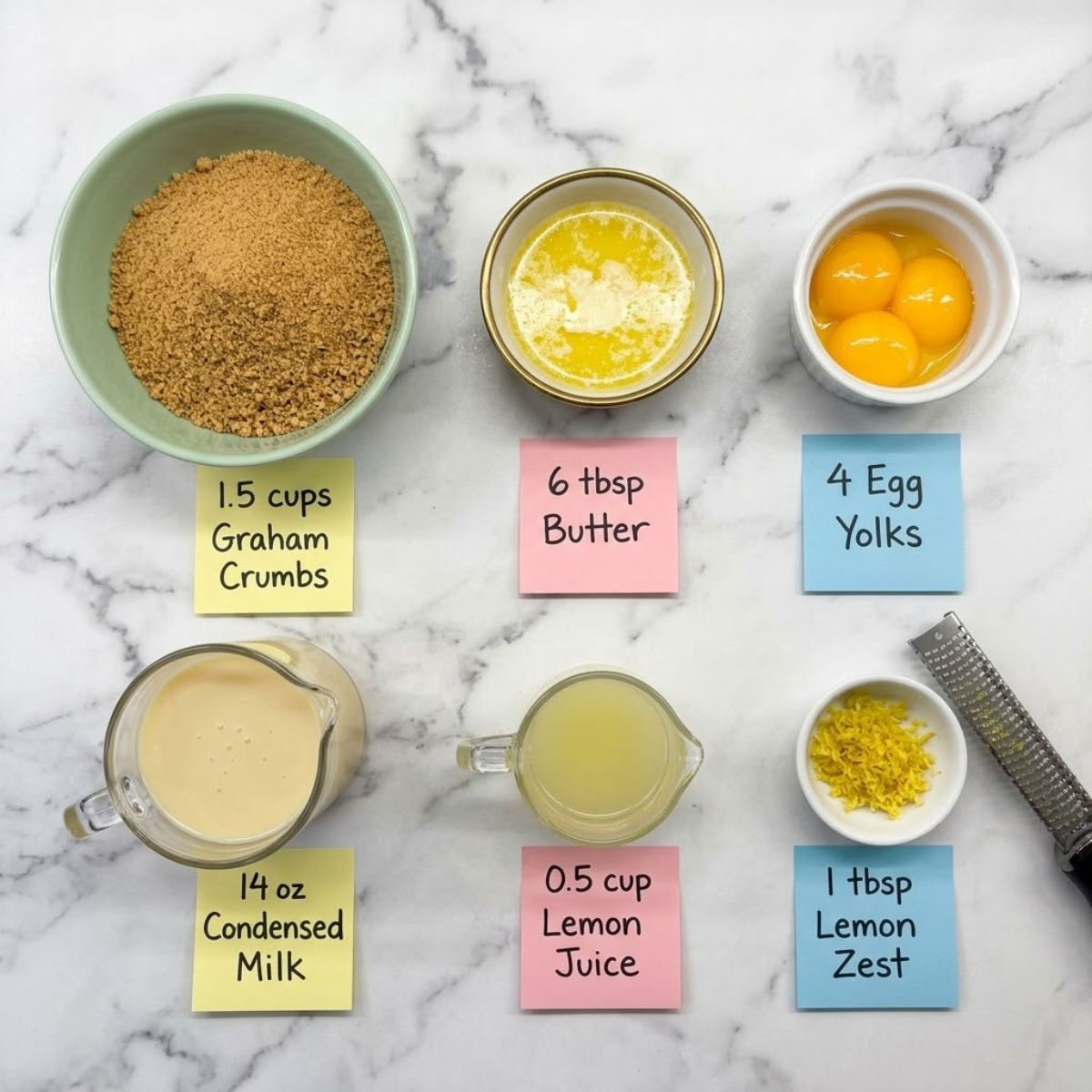 Flat lay of ingredients for Italian Lemon Custard Cake on a marble counter.