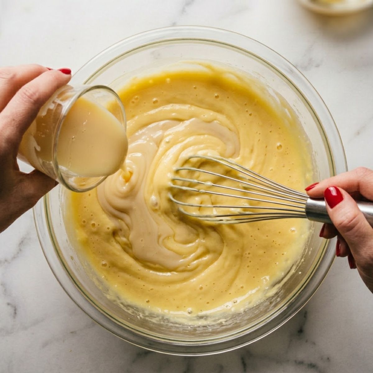 Close-up of hands whisking egg yolks and condensed milk in a glass bowl.