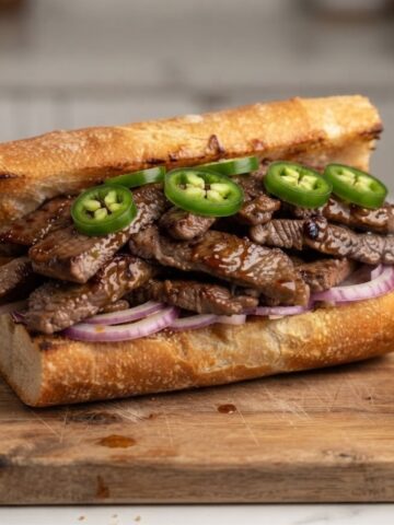 A close-up of Korean Steak Sandwich on a serving board placed on white marble kitchen counter.